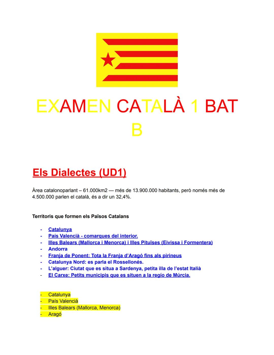 # EXAMEN CATALÀ 1 BAT

B

## Els Dialectes (UD1)

Àrea catalonoparlant - 61.000km2
més de 13.900.000 habitants, però només més de
4.500.000 