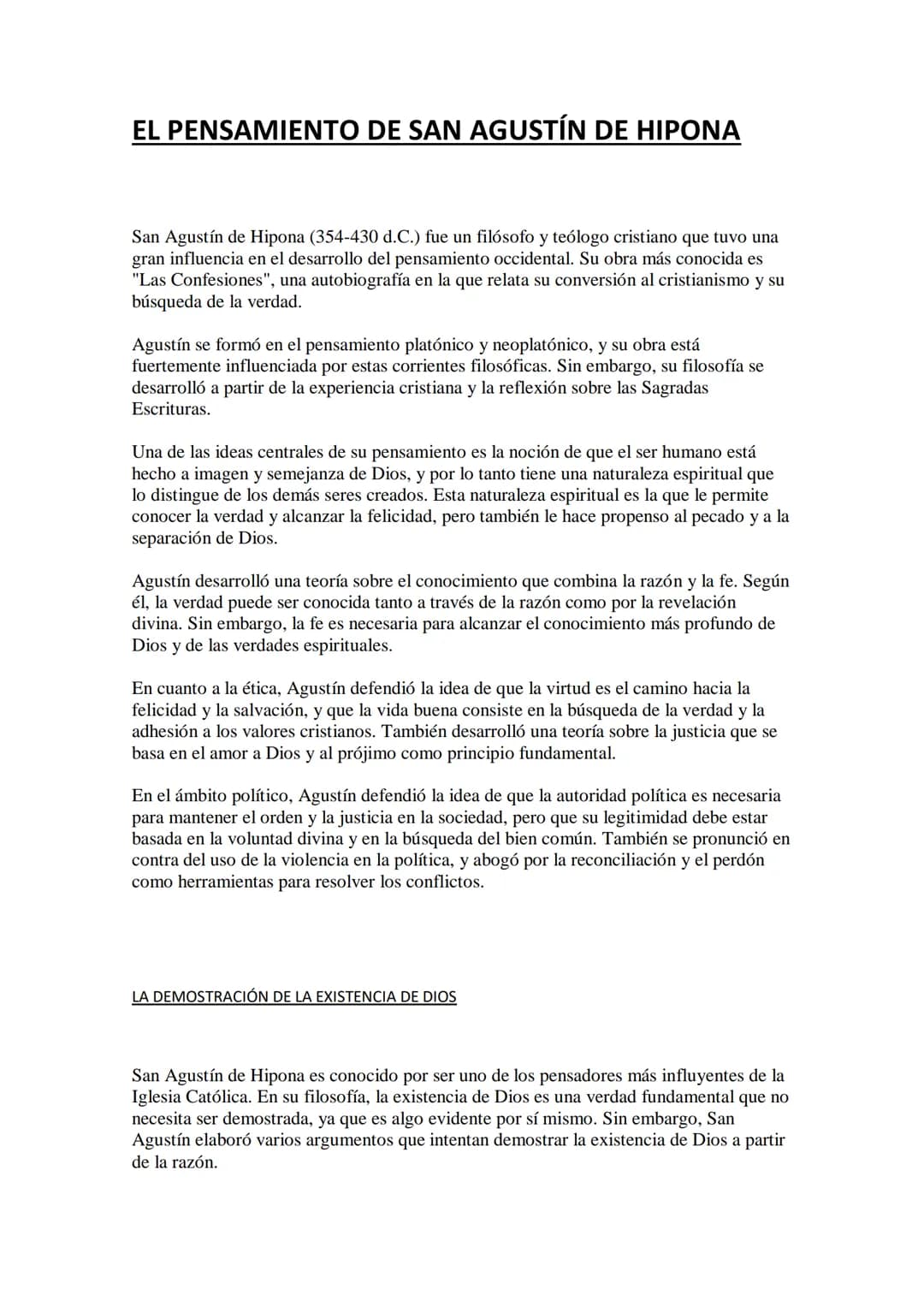 
<p>San Agustín de Hipona (354-430 d.C.) fue un filósofo y teólogo cristiano que influyó en el pensamiento occidental. Su obra más conocida 