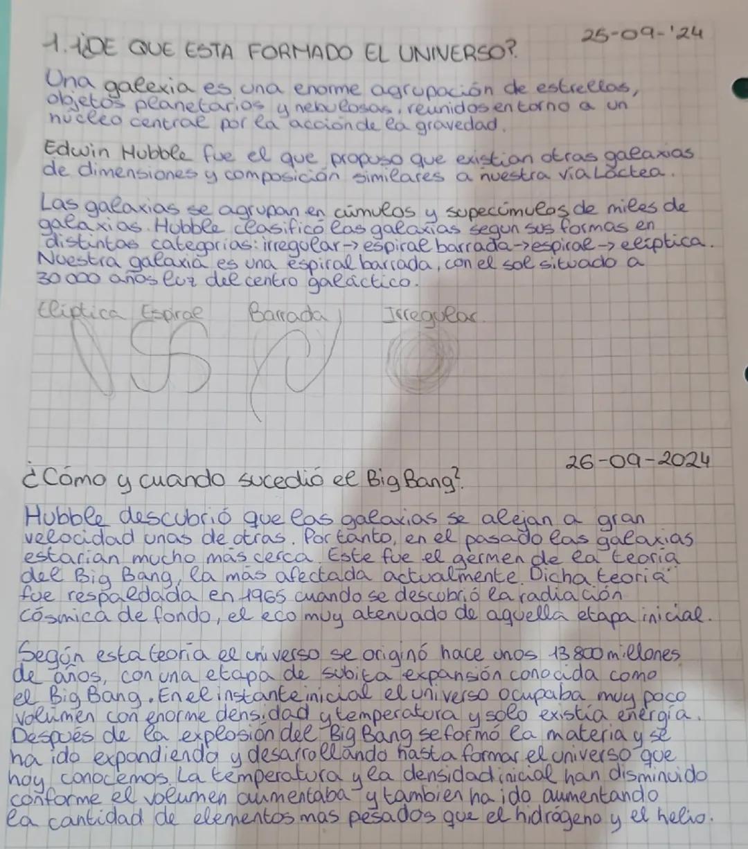 1.DE QUE ESTA FORMADO EL UNIVERSO?
25-09-24
Una galexia es una enorme agrupación de estrellas,
objetos planetarios y nebulosos, reunidos en 