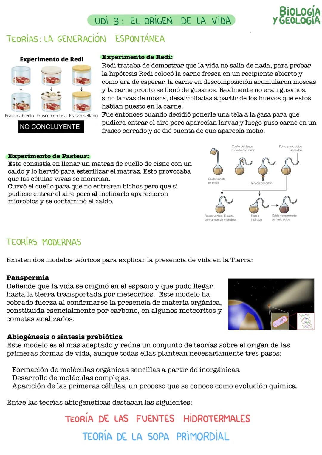 UDI 3: EL ORIGEN DE LA VIDA
ESPONTÁNEA
TEORÍAS: LA GENERACIÓN
Experimento de Redi
Experimento de Redi:
Redi trataba de demostrar que la vida