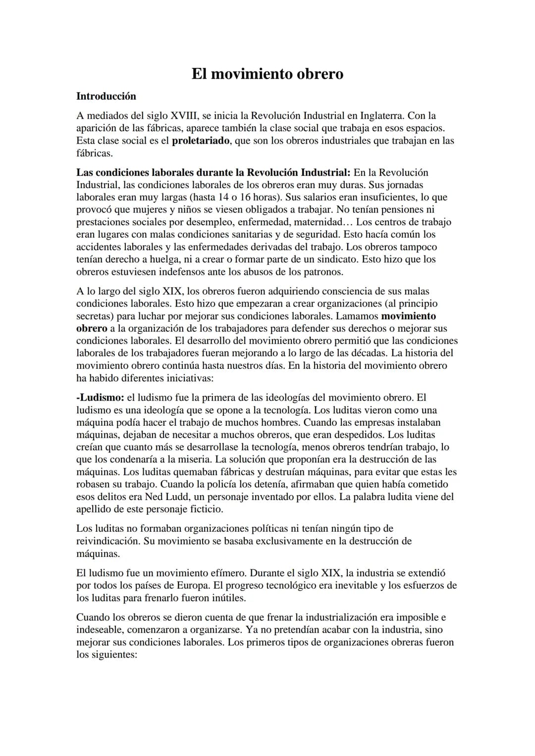 El movimiento obrero
Introducción
A mediados del siglo XVIII, se inicia la Revolución Industrial en Inglaterra. Con la
aparición de las fábr