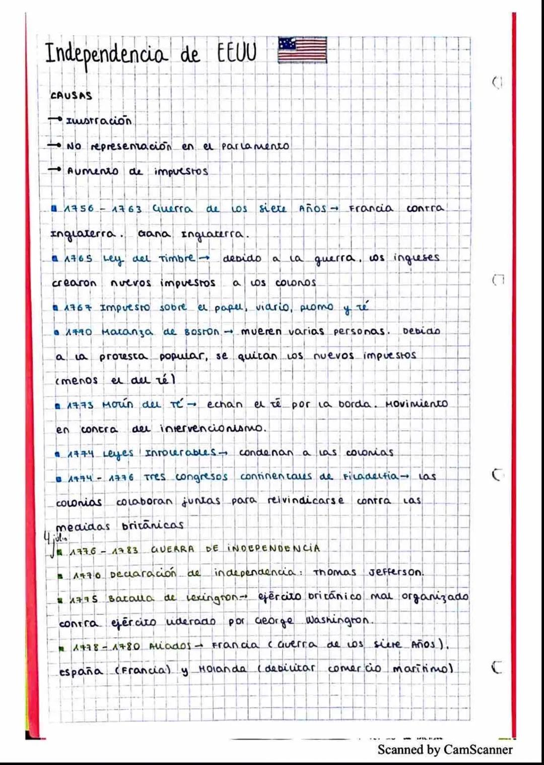 # Independencia de EEUU

CAUSAS

- Imstración

- No representación en el parlamento

- Aumento de impuestos

- 1756 - 1763 querra de los sie