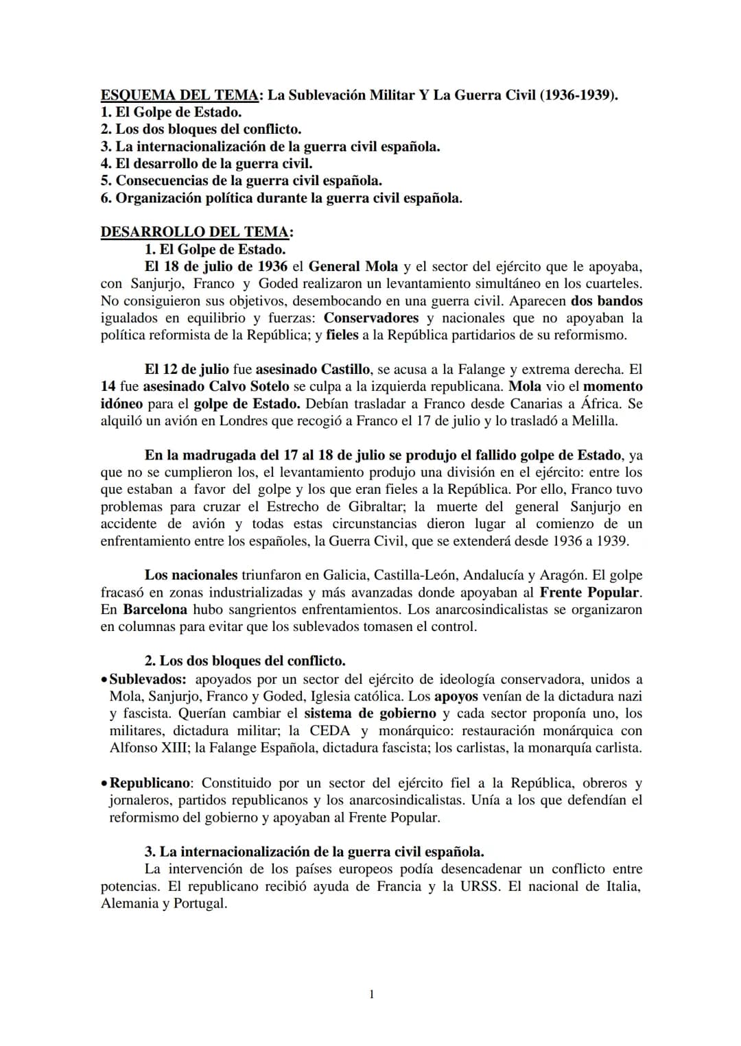 ESQUEMA DEL TEMA: La Sublevación Militar Y La Guerra Civil (1936-1939).
1. El Golpe de Estado.
2. Los dos bloques del conflicto.
3. La inter