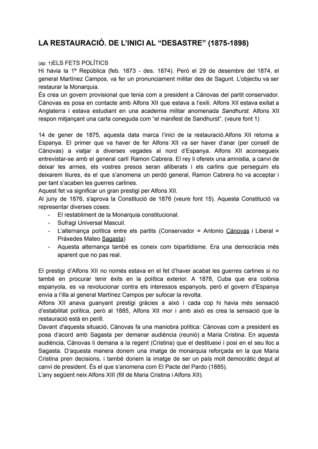 LA RESTAURACIÓ. DE L'INICI AL "DESASTRE" (1875-1898)
(ap. 1)ELS FETS POLÍTICS
Hi havia la 1ª República (feb. 1873 des. 1874). Però el 29 de 