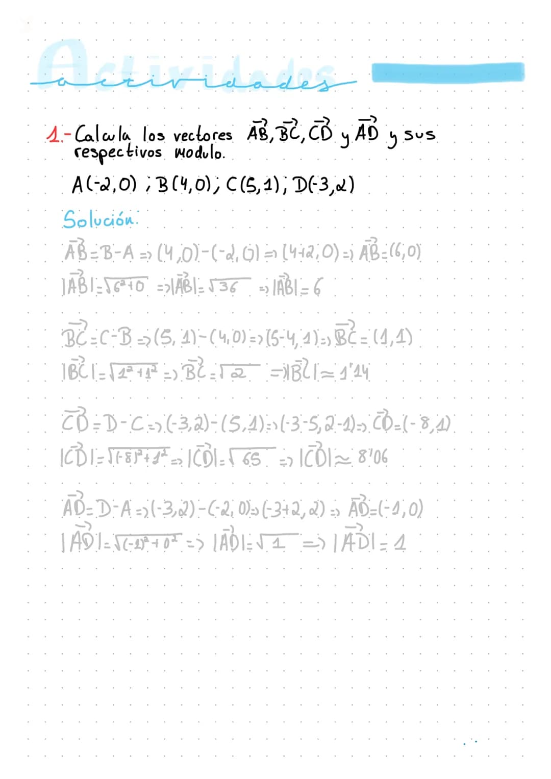 معلومة معه
منم
1.- Calcula los vectores AB, BC, CB y AD y sus
respectivos modulo.
A (20) B (0) C (51) D(32)
Solución:
AB=B-A => (0)-(-), 6) 