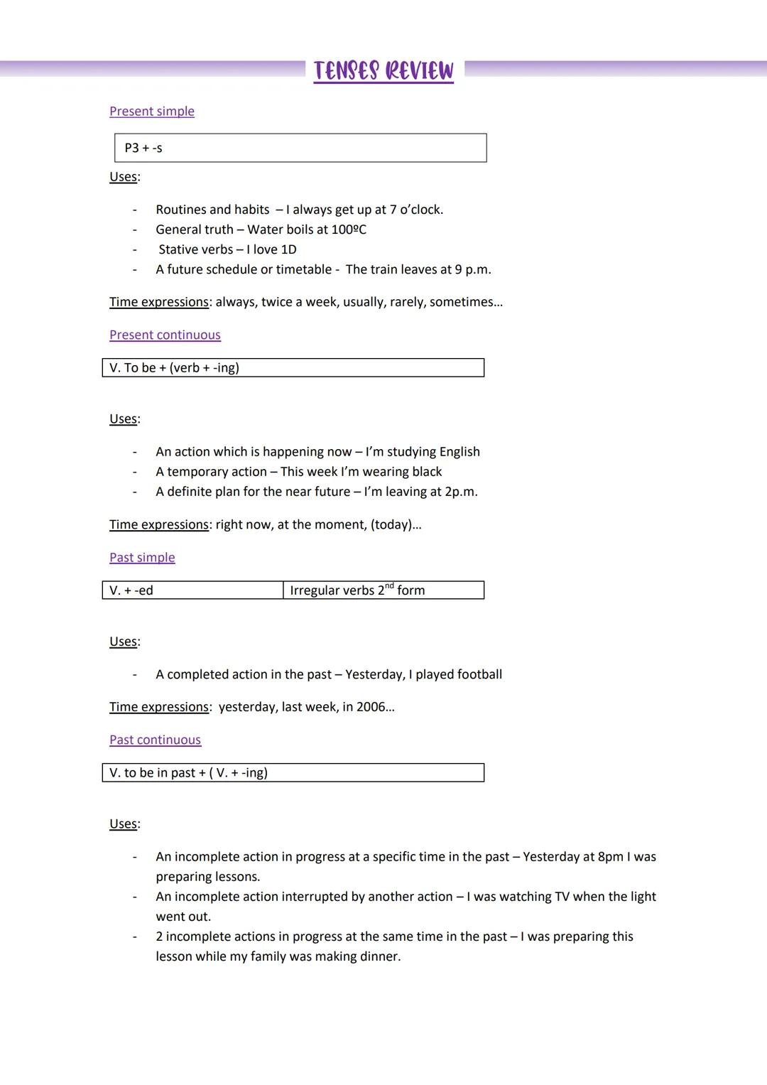 Present simple
P3 + -S
Uses:
Routines and habits - I always get up at 7 o'clock.
General truth - Water boils at 100ºC
Stative verbs - I love