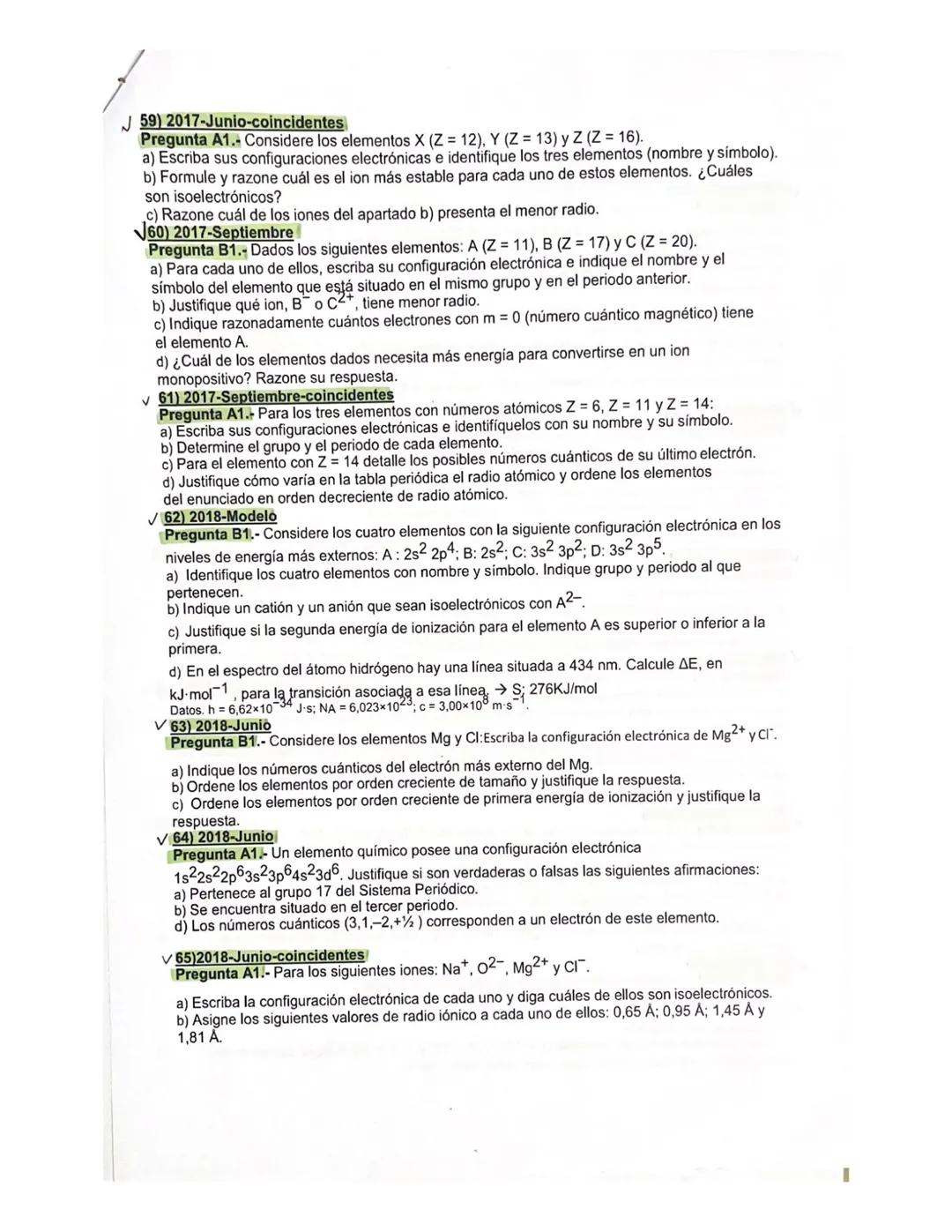 PROBLEMAS ESTRUCTURA ATÓMICA
J40) 2013-Modelo
Pregunta B1.- Sean dos átomos X e Y. Los números cuánticos posibles para el último electrón
de