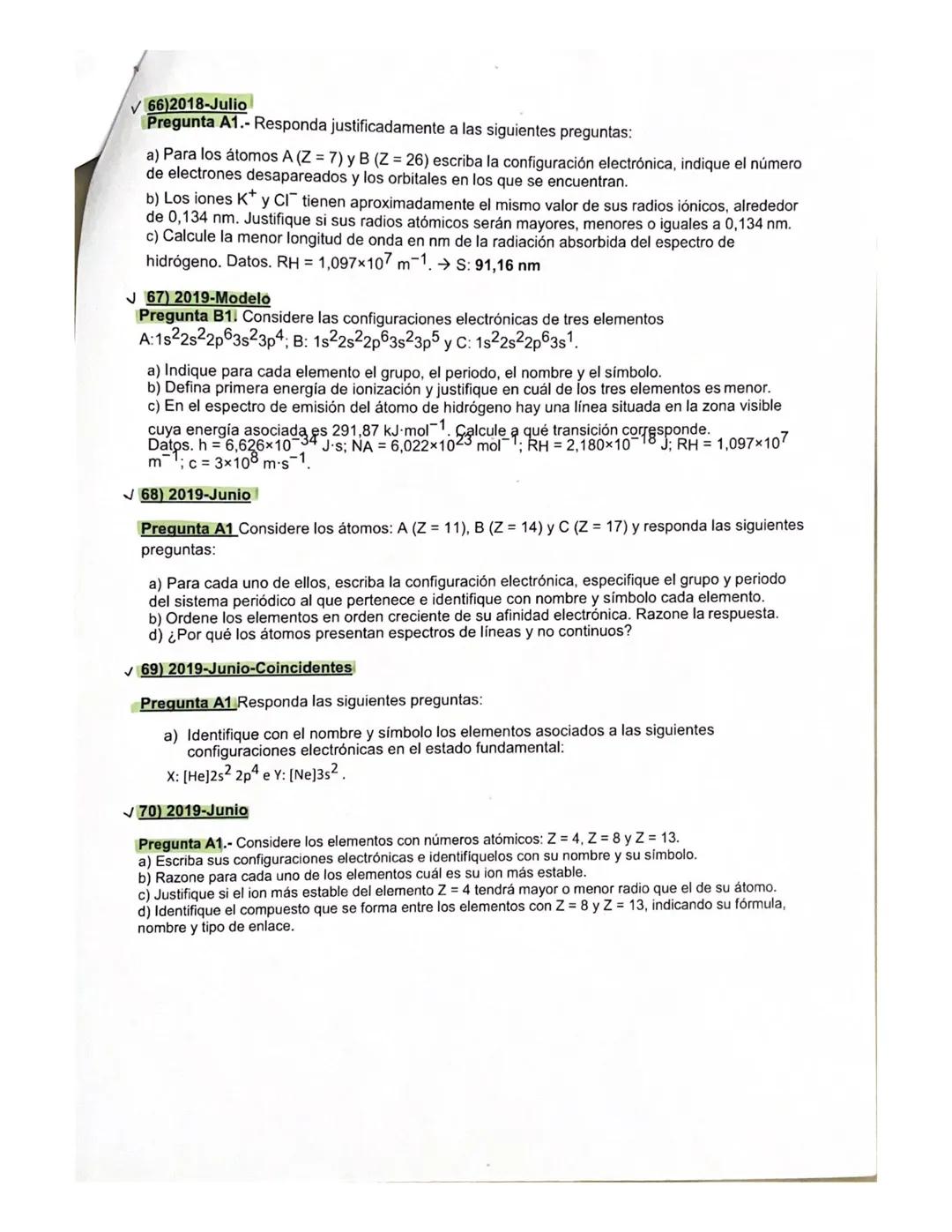 PROBLEMAS ESTRUCTURA ATÓMICA
J40) 2013-Modelo
Pregunta B1.- Sean dos átomos X e Y. Los números cuánticos posibles para el último electrón
de