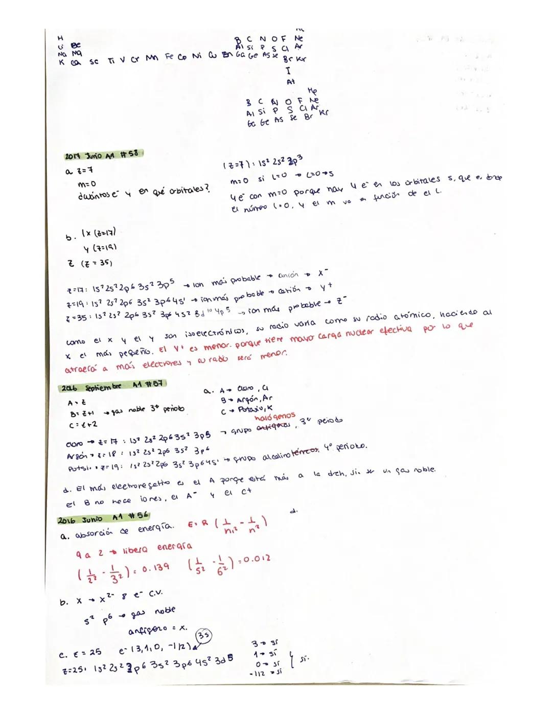PROBLEMAS ESTRUCTURA ATÓMICA
J40) 2013-Modelo
Pregunta B1.- Sean dos átomos X e Y. Los números cuánticos posibles para el último electrón
de