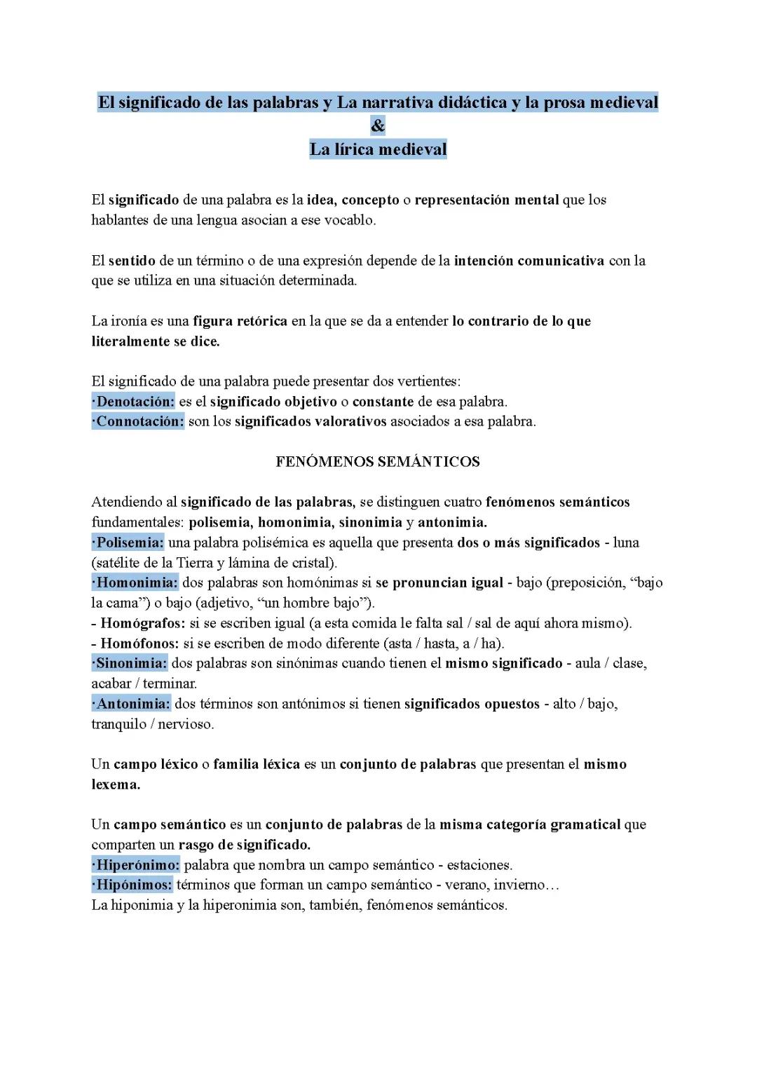 El significado de las palabras, la narrativa didáctica y la prosa y lírica medieval