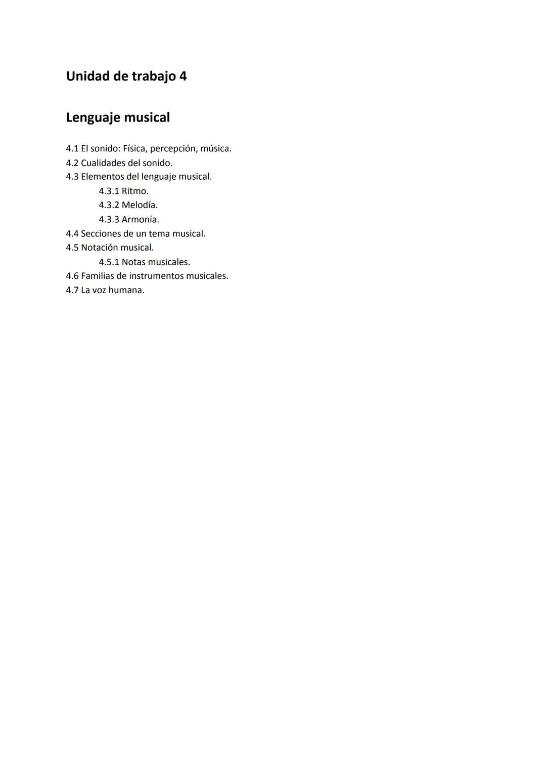Unidad de trabajo 4
Lenguaje musical
4.1 El sonido: Física, percepción, música.
4.2 Cualidades del sonido.
4.3 Elementos del lenguaje musica