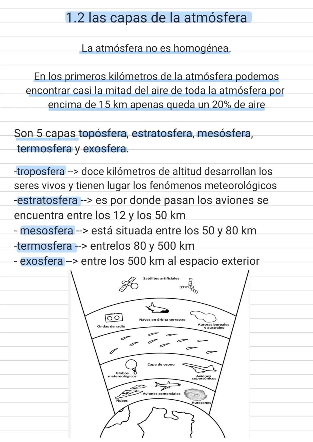 # 1.2 las capas de la atmósfera

La atmósfera no es homogénea.

En los primeros kilómetros de la atmósfera podemos
encontrar casi la mitad d