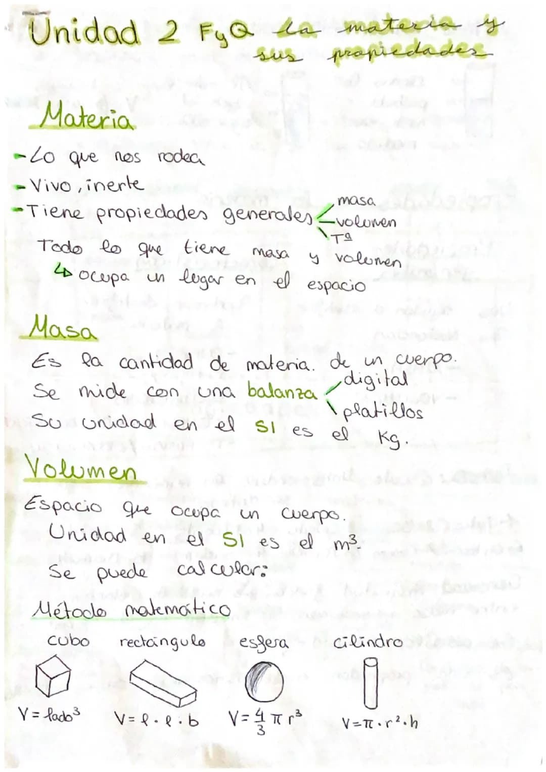 Unidad 2 FyQ la materia y
sus propiedades
Materia
-Lo que nos rodea
·Vivo, inerle
-Tiene propiedades generales-volumen
тя
y volumen
ما
masa
