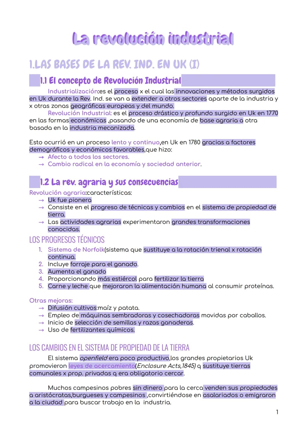 La revolución industrial
1.LAS BASES DE LA REV. IND. EN UK (I)
1.1 El concepto de Revolución Industrial
Industrialización:es el proceso x el