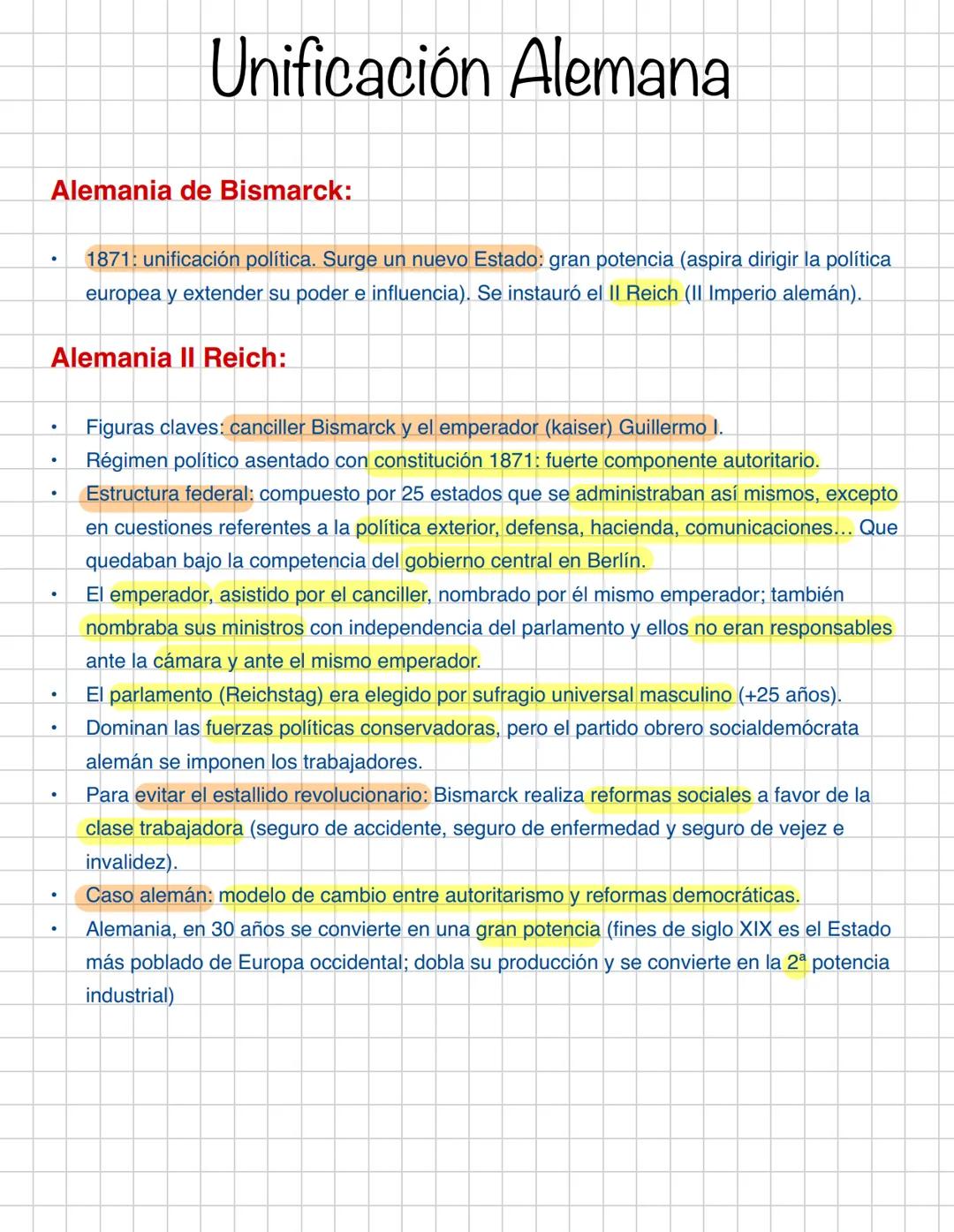 # Unificación Alemana

Confederación germánica:

*   El congreso de Viena estableció la confederación germánica: 39 estados, con dos
poderos
