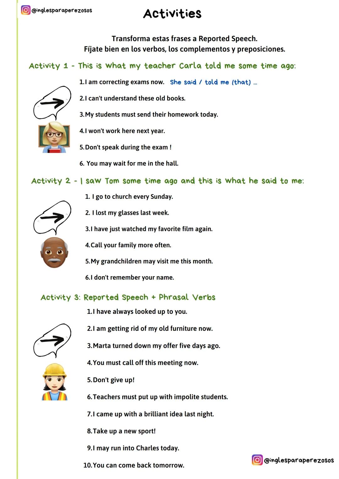 Reported Speech
Cuando usamos Reported Speech simplemente estamos contándole a alguien lo que otra persona nos dijo.
Te dejo aquí esta tabla