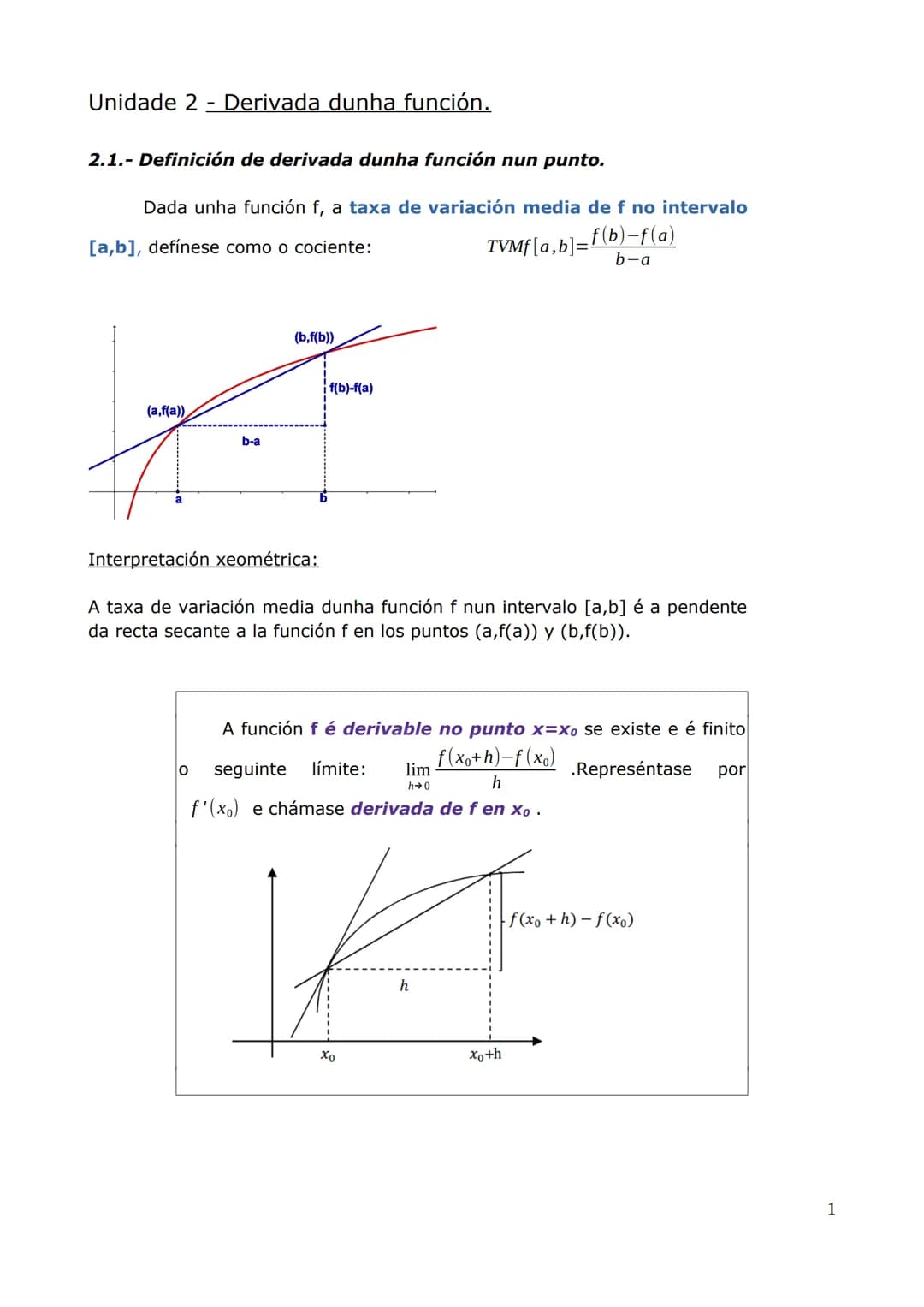Unidade 2 Derivada dunha función.
2.1.- Definición de derivada dunha función nun punto.
Dada unha función f, a taxa de variación media de f 