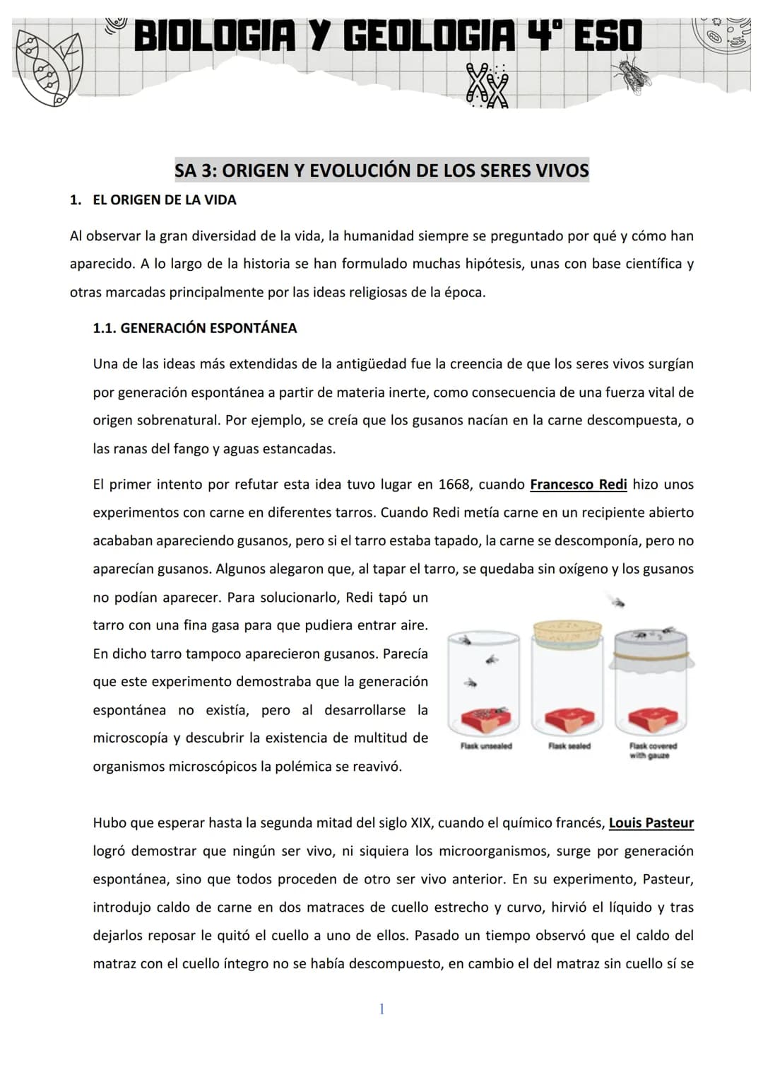 BIOLOGIA Y GEOLOGIA 4º ESO
SA 3: ORIGEN Y EVOLUCIÓN DE LOS SERES VIVOS
1. EL ORIGEN DE LA VIDA
Al observar la gran diversidad de la vida, la