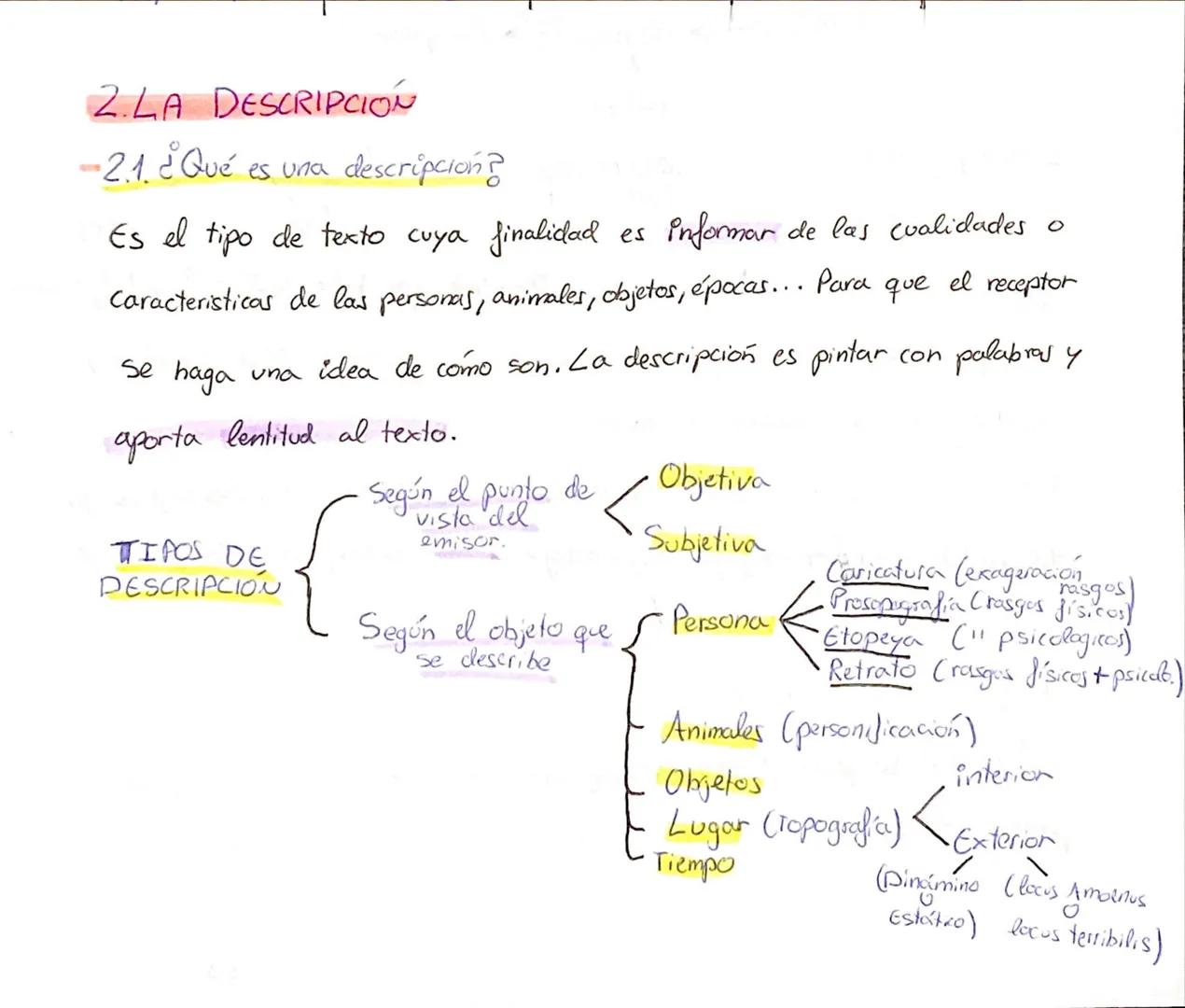 2.LA DESCRIPCIÓN

2.1. ¿Qué es una descripción?

Es el tipo de texto cuya finalidad es informar de las cualidades o
Caracteristicas de las p