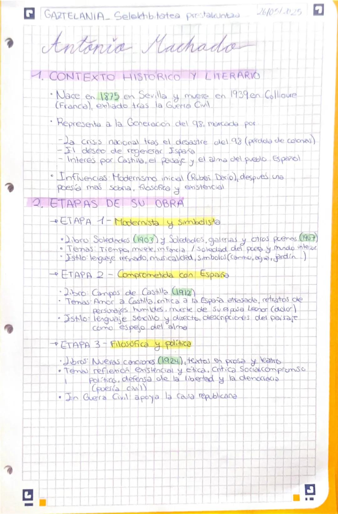 GAZTELANIA Selektibitatea prestakuntza
António Machado
26/05/2025
1. CONTEXTO HISTORICO Y LITERARIO
• Nace en 1875 en Sevilla y muere en 193