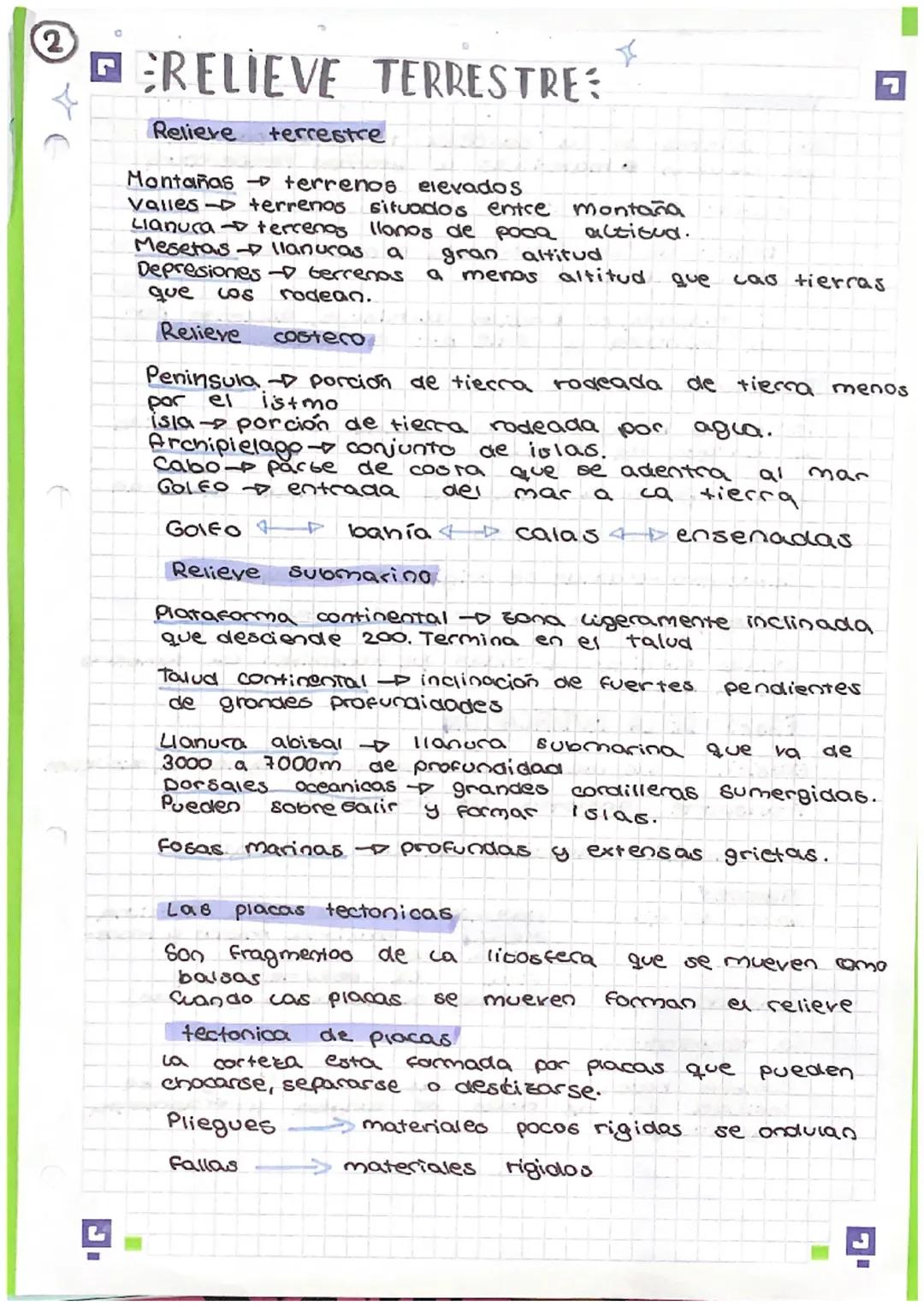 2
GERELIEVE TERRESTRE:
Relieve terrestre
Montañas terrenos elevados
Valles terrenos. situados entre montaña
Llanura terrenos llanos de poca 
