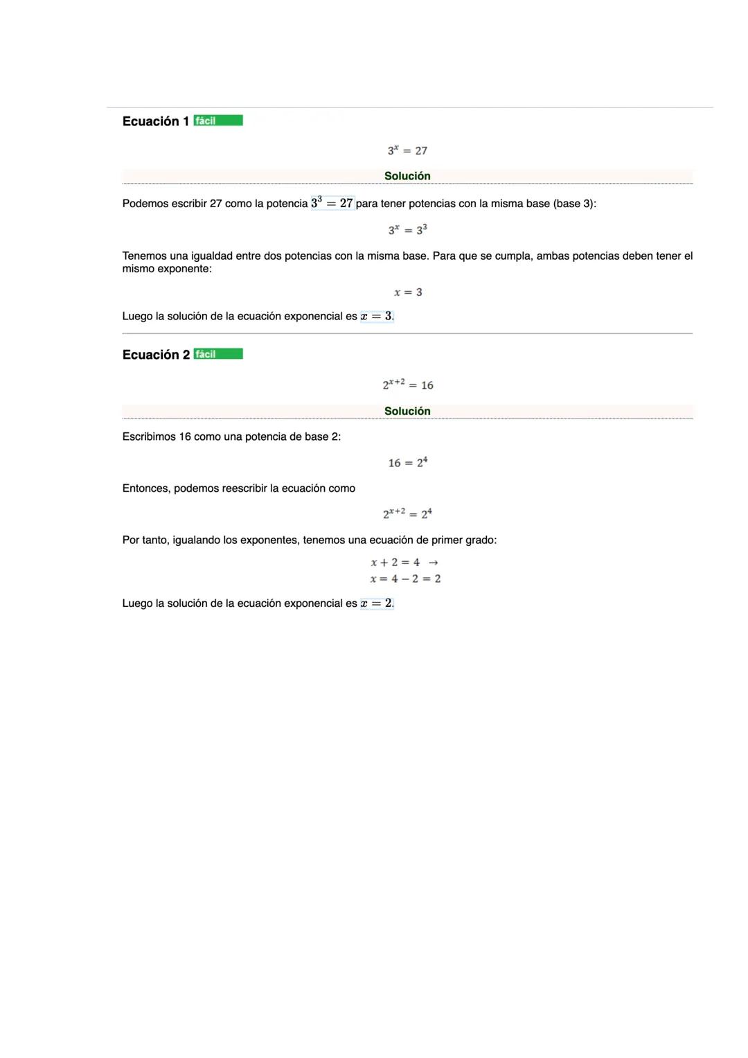 # ECUACIONES EXPONENCIALES

Una ecuación exponencial es aquella en la que aparecen exponenciales, es decir, potencias cuyos exponentes son
e