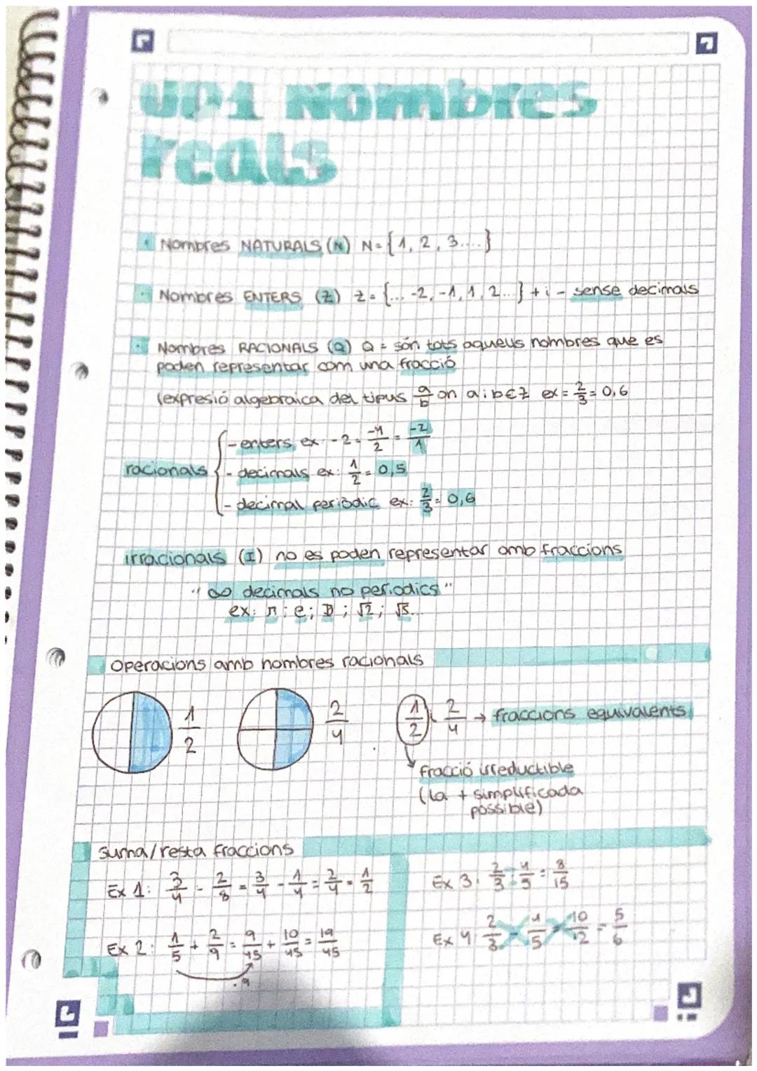 UP1 Nombres
reals
Nombres NATURALS (N) N= {1, 2, 3,...}
Nombres ENTERS (2) 2= - {. -2,-1, 1, 2} + - sense decimals
Nombres RACIONALS (Q) Q =