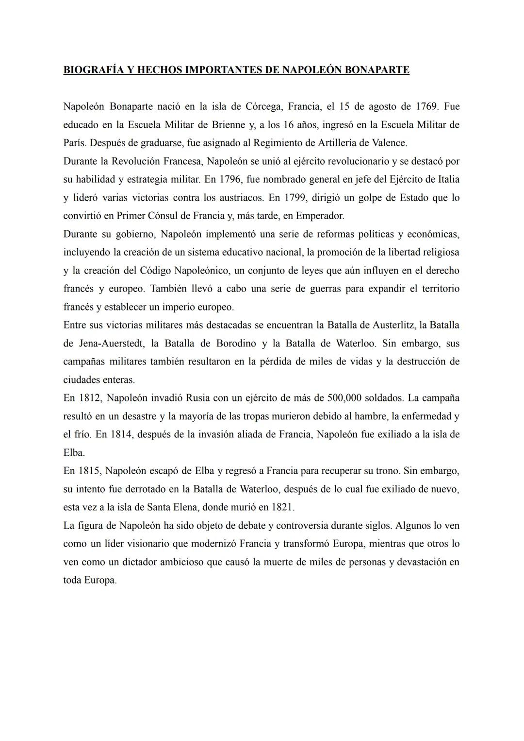 BIOGRAFÍA Y HECHOS IMPORTANTES DE NAPOLEÓN BONAPARTE
Napoleón Bonaparte nació en la isla de Córcega, Francia, el 15 de agosto de 1769. Fue
e