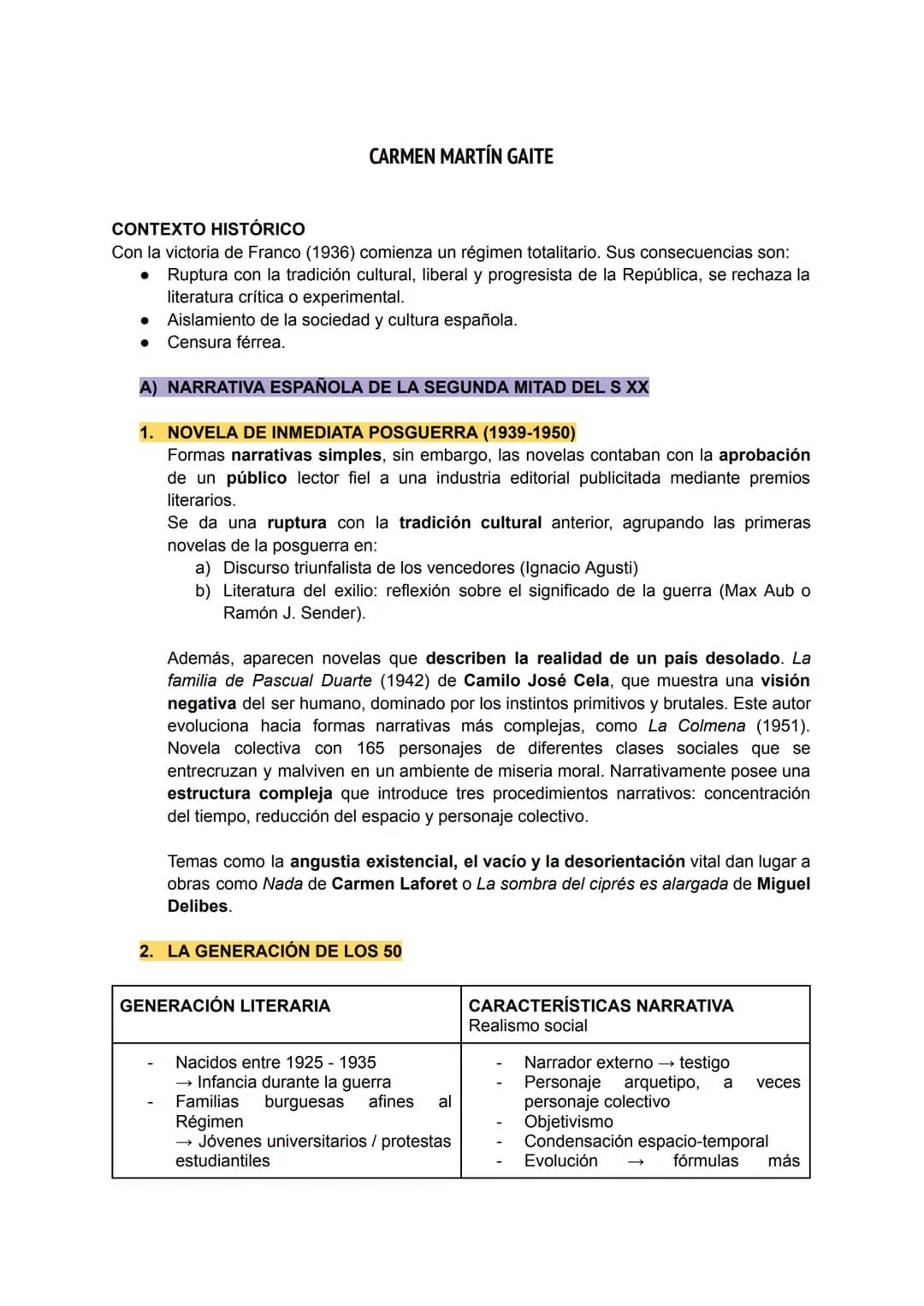 CONTEXTO HISTÓRICO
Con la victoria de Franco (1936) comienza un régimen totalitario. Sus consecuencias son:
CARMEN MARTÍN GAITE
● Ruptura co
