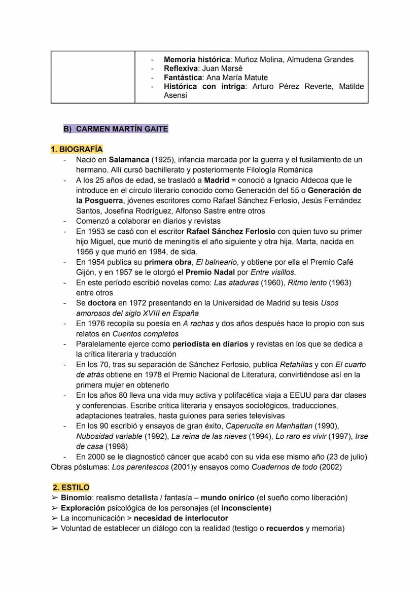 CONTEXTO HISTÓRICO
Con la victoria de Franco (1936) comienza un régimen totalitario. Sus consecuencias son:
CARMEN MARTÍN GAITE
● Ruptura co