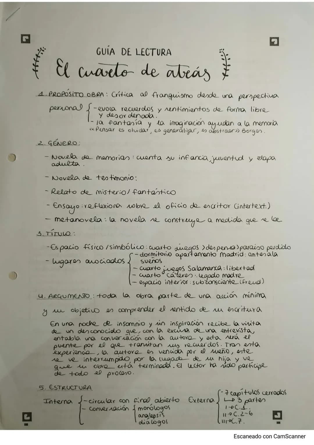 G
GUÍA DE LECTURA
El cuaveto de atrás
1. PROPÓSITO OBRA: Crítica al franquismo desde una perspectiva
personal {.
2. GÉNERO:
-evoca recuerdos