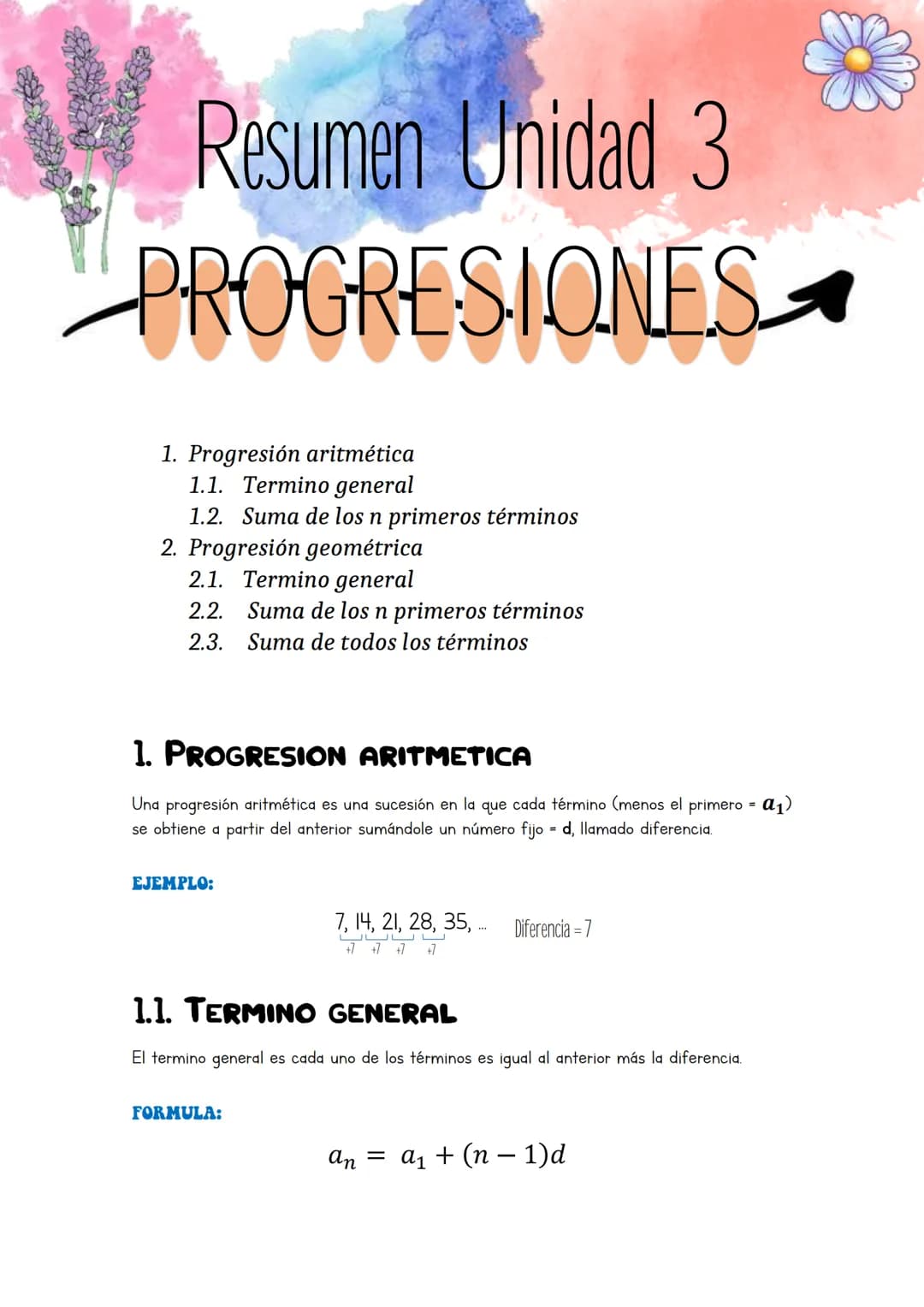 
<h2 id="progresinaritmtica">Progresión Aritmética</h2>
<p>Una progresión aritmética es una sucesión en la que cada término (menos el primer