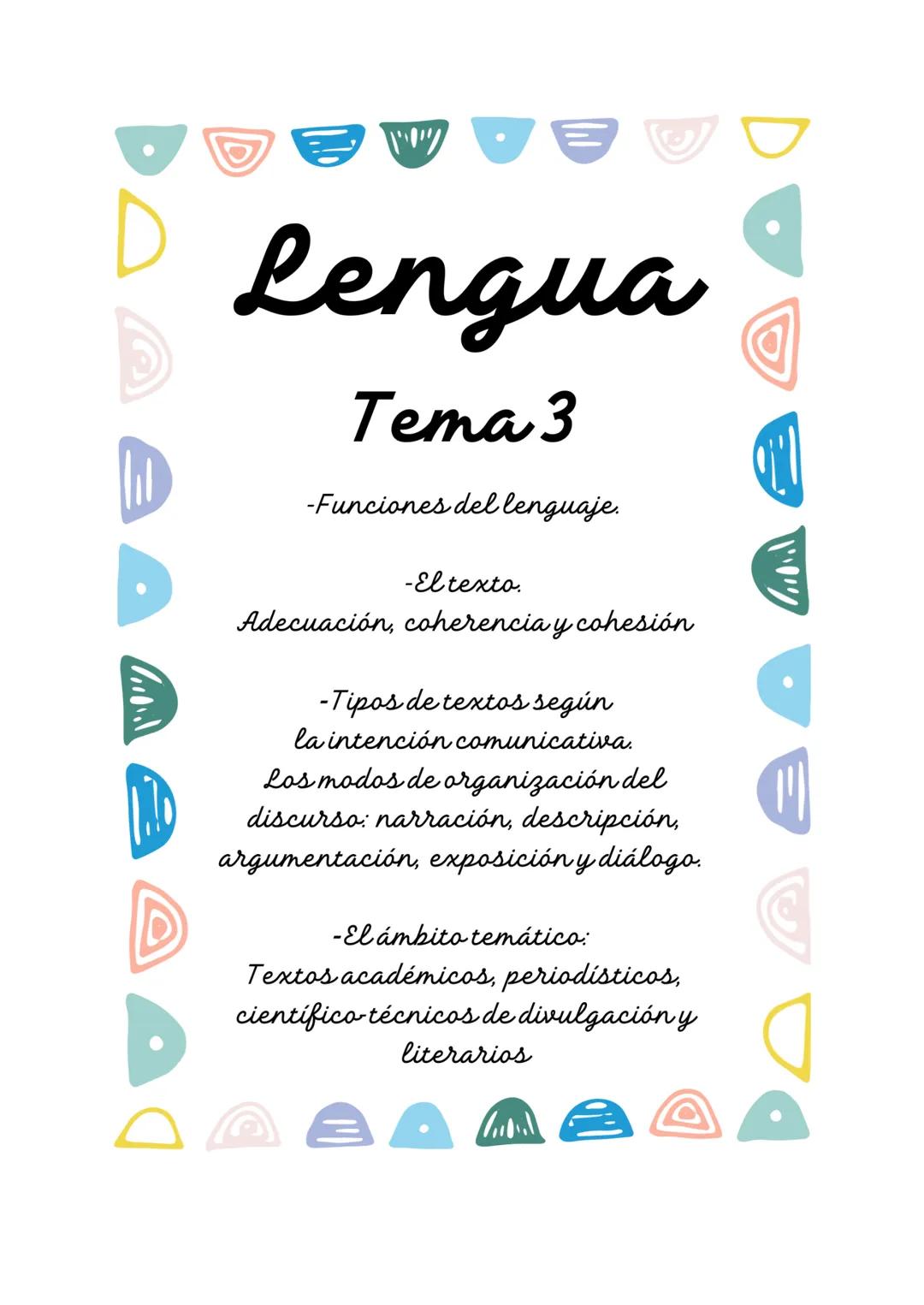D
Lengua
Tema 3
-Funciones del lenguaje.
-El texto.
Adecuación, coherencia y cohesión
- Tipos de textos según
la intención comunicativa.
Los