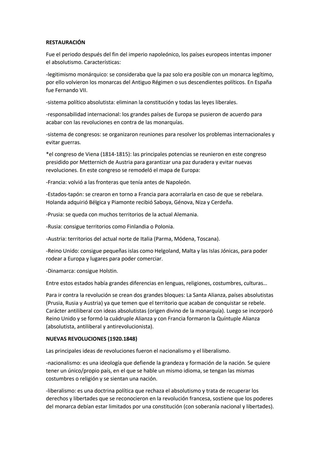 RESTAURACIÓN
Fue el periodo después del fin del imperio napoleónico, los países europeos intentas imponer
el absolutismo. Características:
-