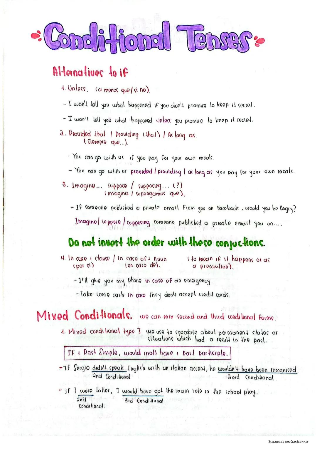 •Conditional Tenses-
Alternatives to if
1. Unless. (a menos que /si no).
- I won't tell you what happened if you olon't promice to keep it r
