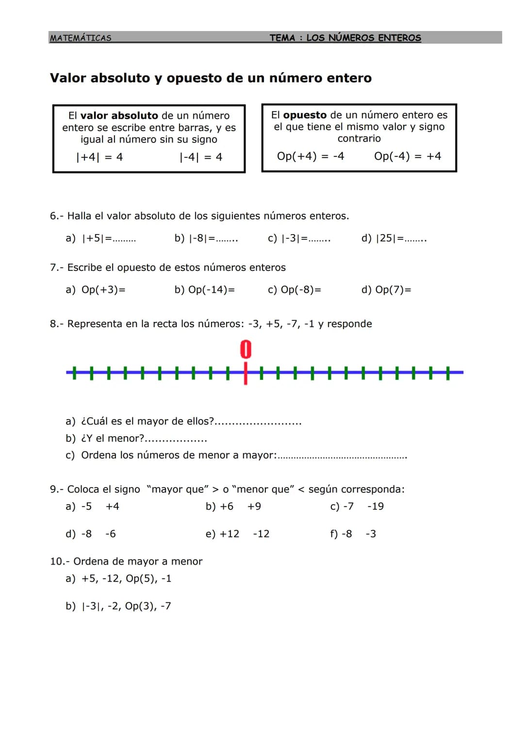 MATEMÁTICAS
LOS NÚMEROS ENTEROS
Números enteros: ordenación y representación
El conjunto de los números enteros
está formado por
los números