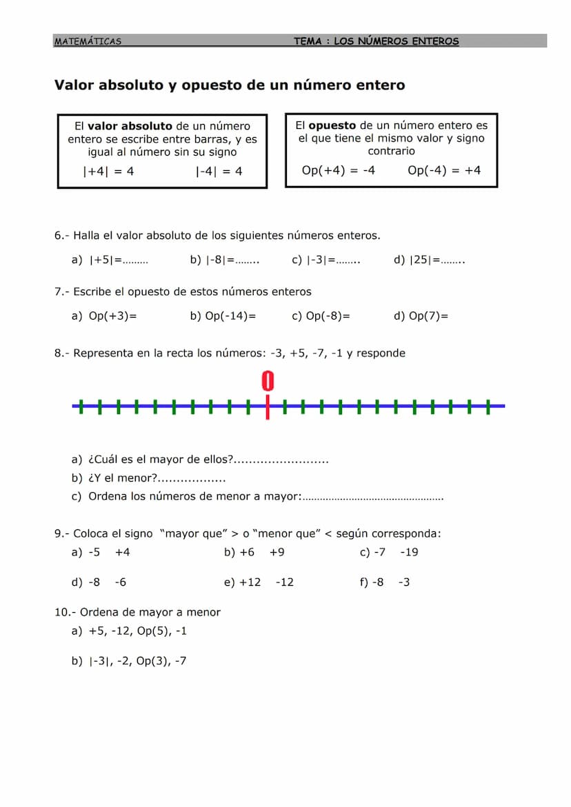 MATEMÁTICAS
LOS NÚMEROS ENTEROS
Números enteros: ordenación y representación
El conjunto de los números enteros
está formado por
los números