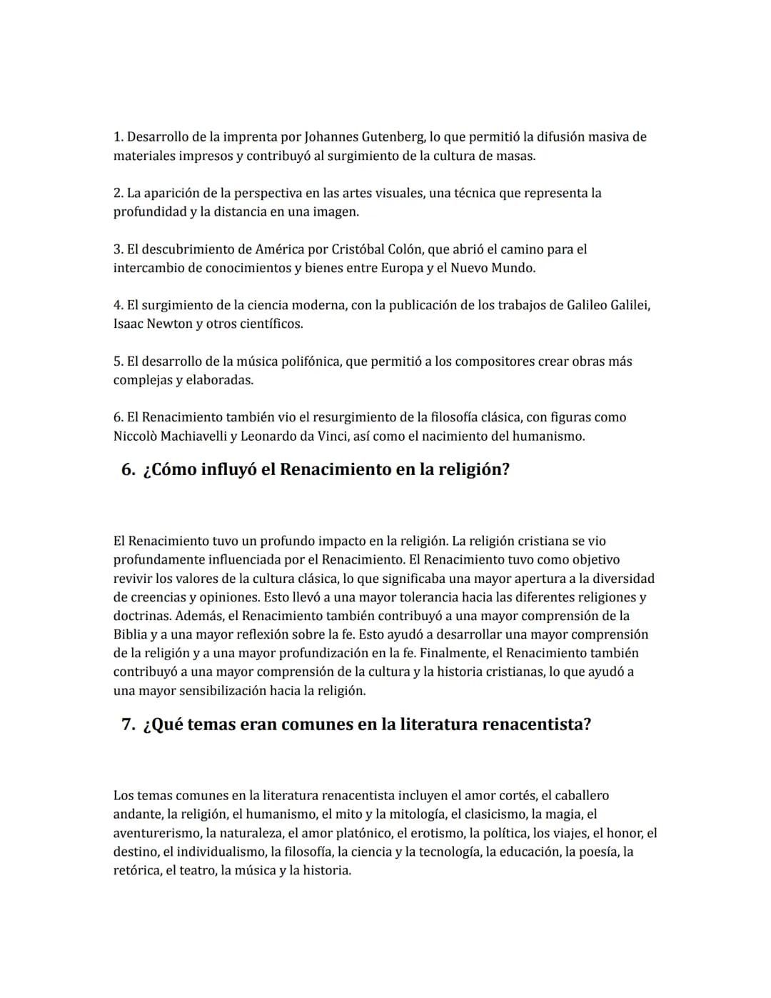 Ejercicio Renacimiento
1. ¿Cuándo comenzó el Renacimiento?
El Renacimiento comenzó alrededor del año 1300 en Italia, cuando una nueva genera