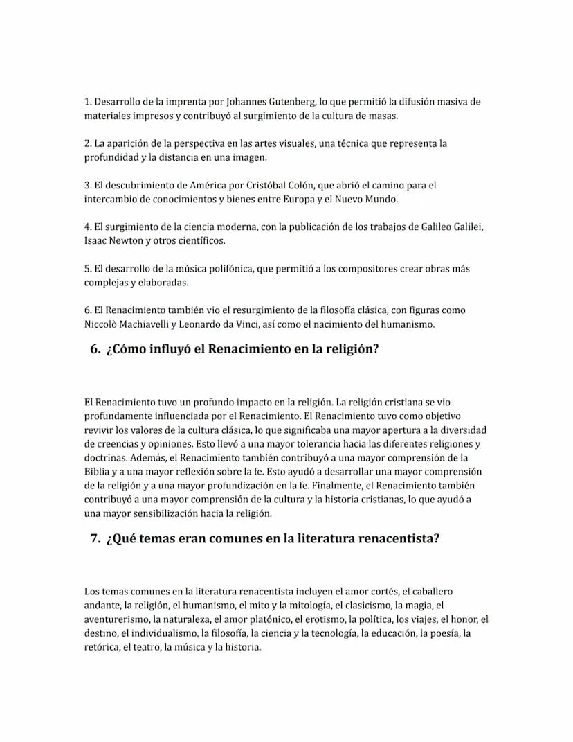 Ejercicio Renacimiento
1. ¿Cuándo comenzó el Renacimiento?
El Renacimiento comenzó alrededor del año 1300 en Italia, cuando una nueva genera