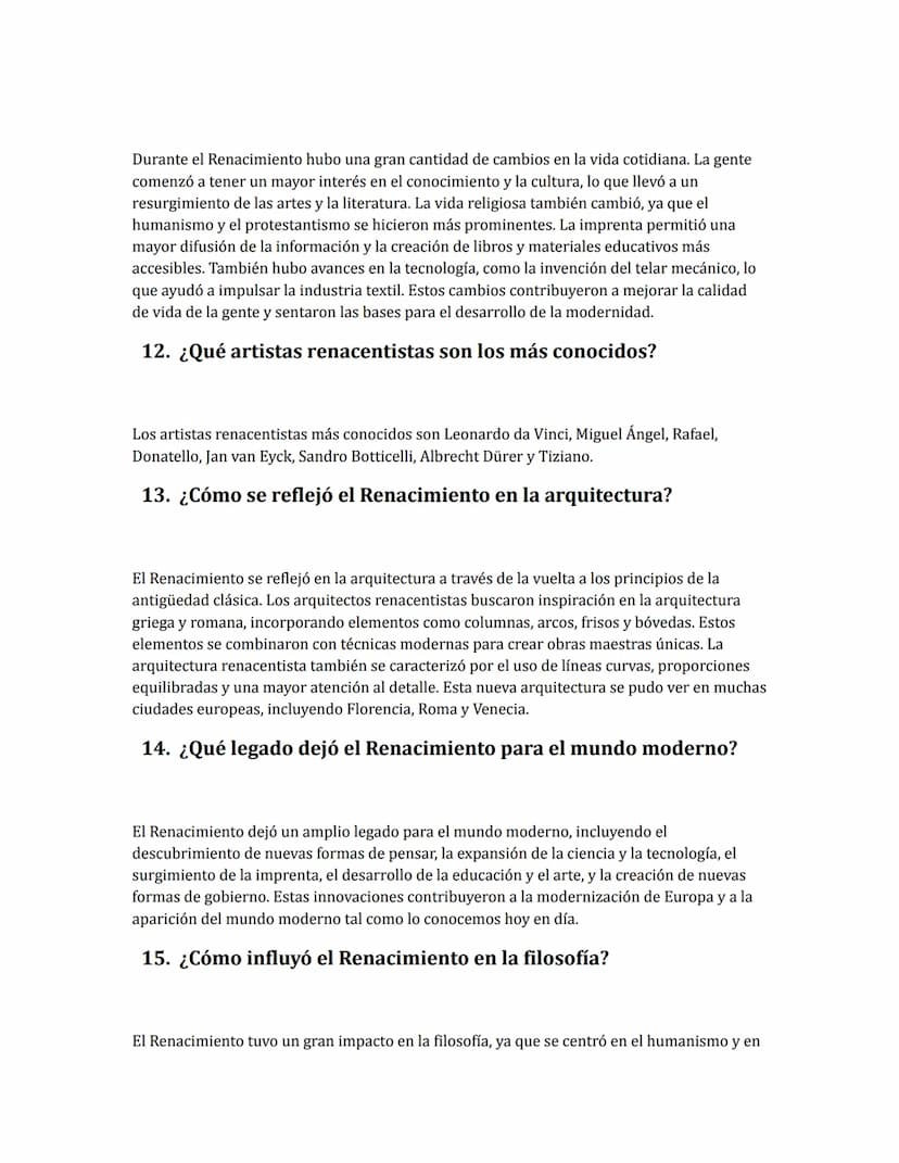 Ejercicio Renacimiento
1. ¿Cuándo comenzó el Renacimiento?
El Renacimiento comenzó alrededor del año 1300 en Italia, cuando una nueva genera