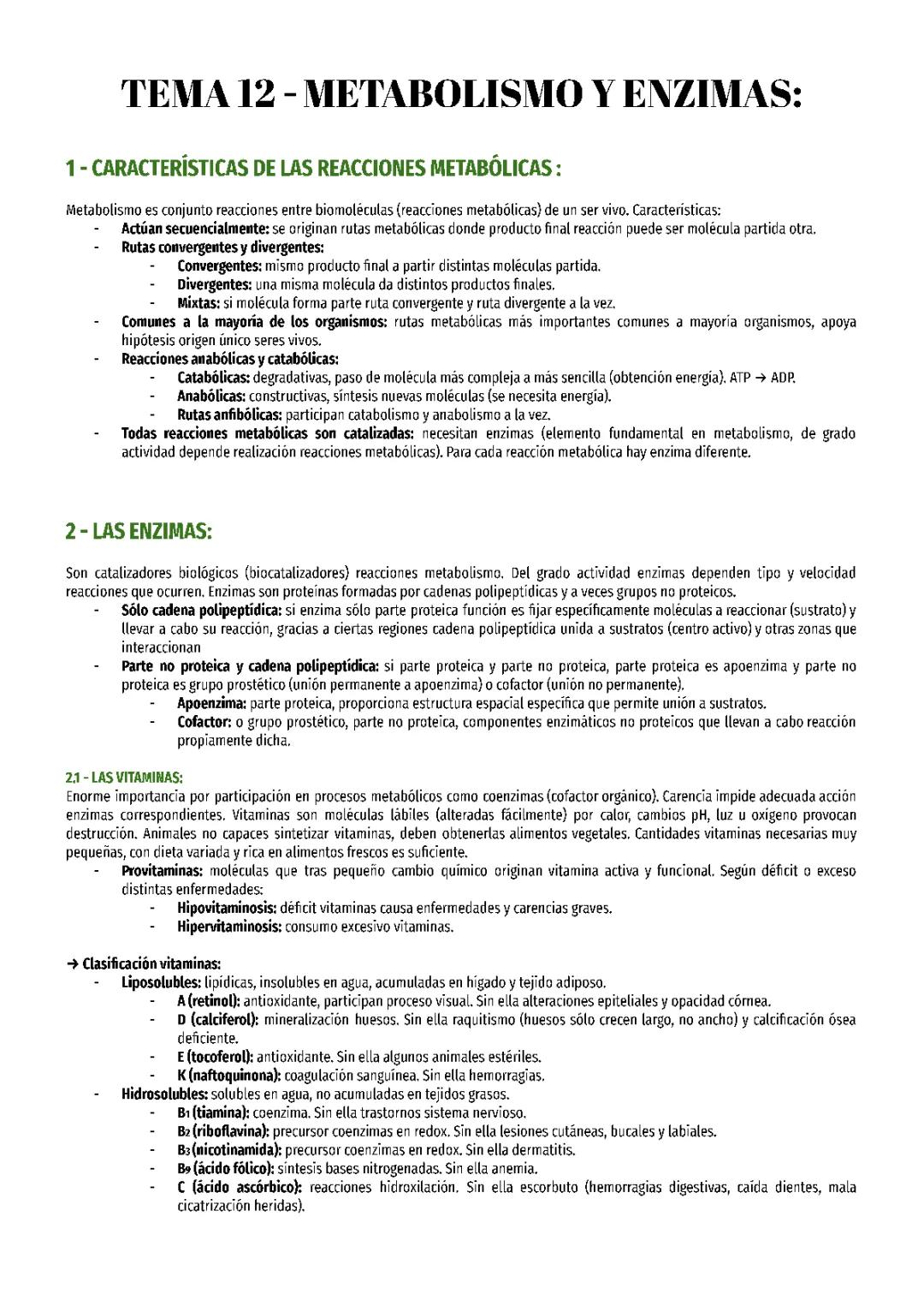 Tema 12 de Biología: Metabolismo y Enzimas