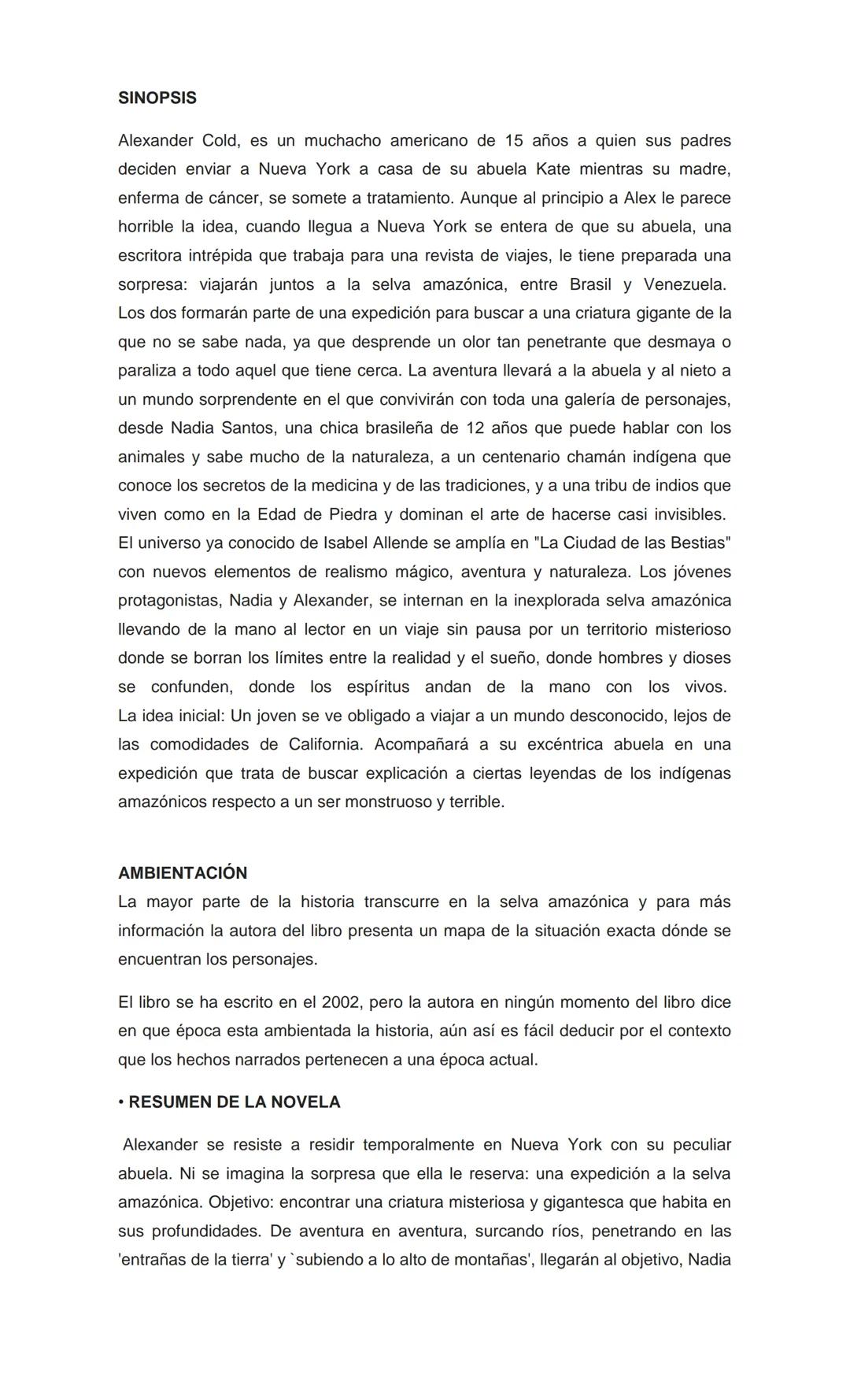 RESUMEN POR CAPITULOS MAS UN ANALISIS COMPLETO DEL LIBRO
DE ISABEL ALLENDE "LA CIUDAD DE LAS BESTIAS"
CAPITULO 1 "LA PESADILLA"
Alexander Co