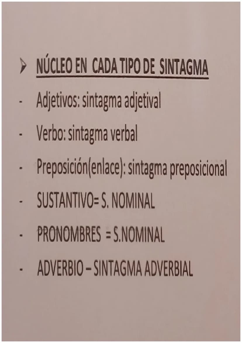 SINTAGMAS
TIPOS Y ESTRUCTURA
SINTAGMA NOMINAL: Está formado por un pronombre o un sustantivo, al que se va a
llamar núcleo y uno o varios de