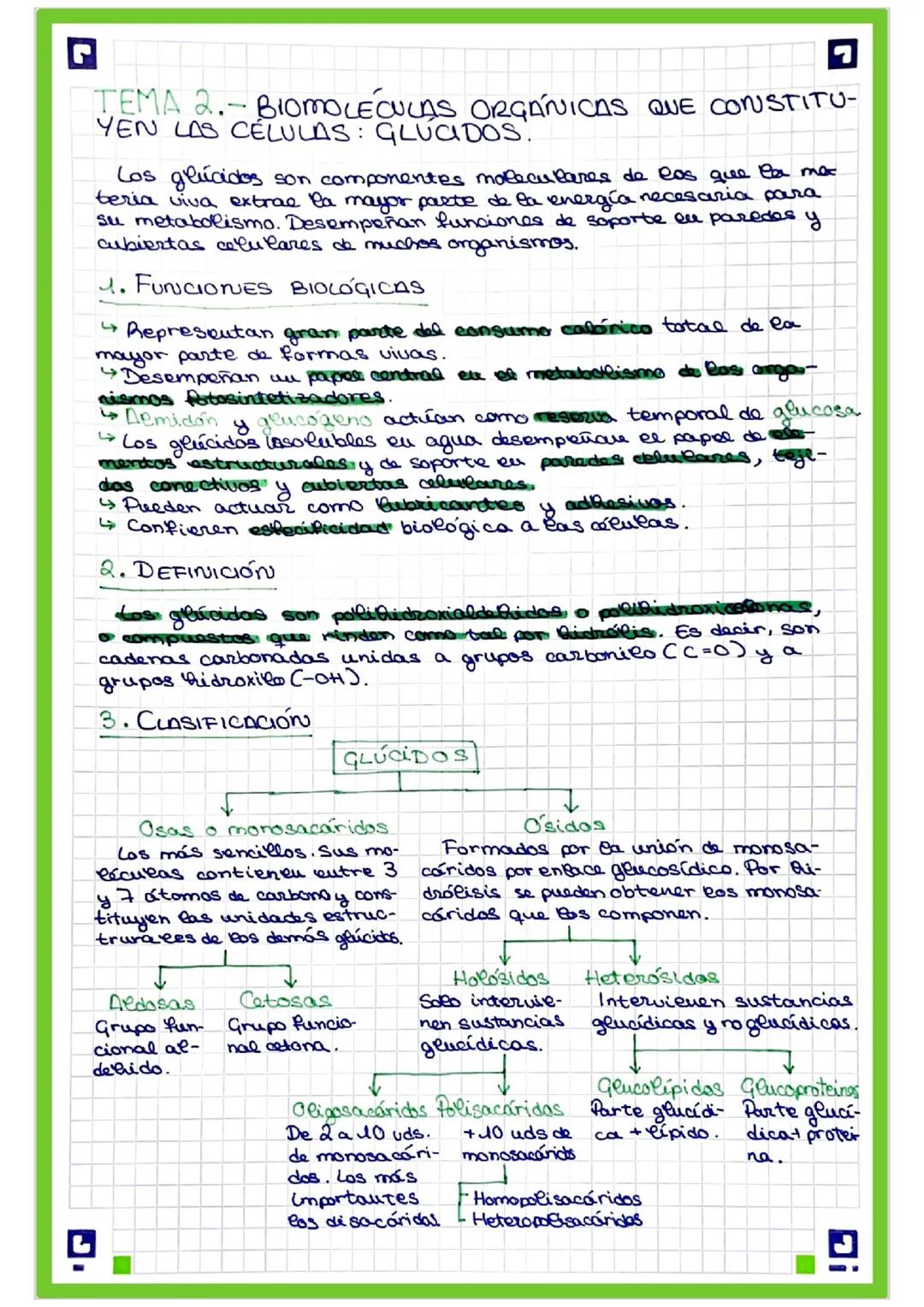 G
TEMA 2.- BIOMOLECULAS ORGÁNICAS QUE CONSTITU-
YEN LAS CÉLULAS: GLUCIDOS.
Los glúcidos son componentes moleculares de los que la me
teria v