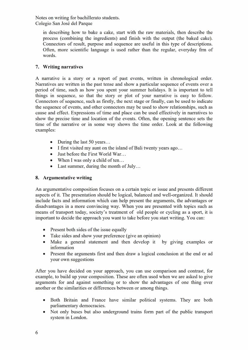 Notes on writing for bachillerato students.
Colegio San José del Parque
WRITING SKILLS
1. Basic sentence patterns
An English sentence must h