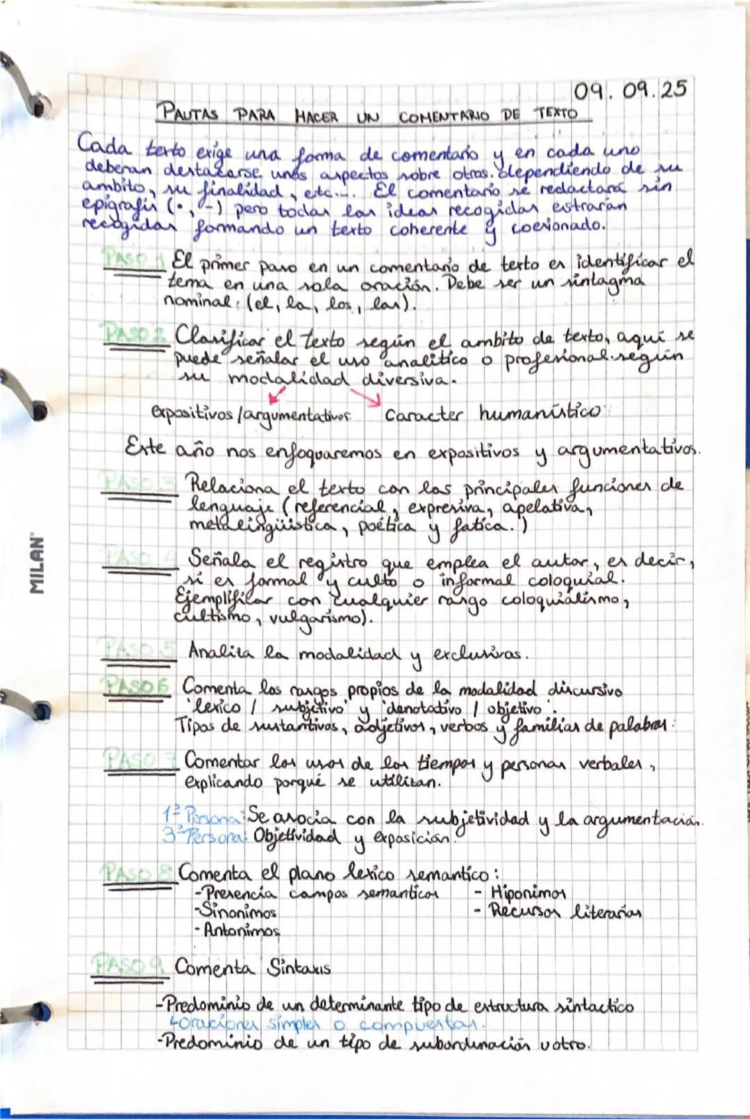 # PAUTAS PARA HACER UN COMENTARIO DE TEXTO

09.09.25

Cada berto exige una forma de comentaris y y, en cada uno
deberan destacarse unos aspe
