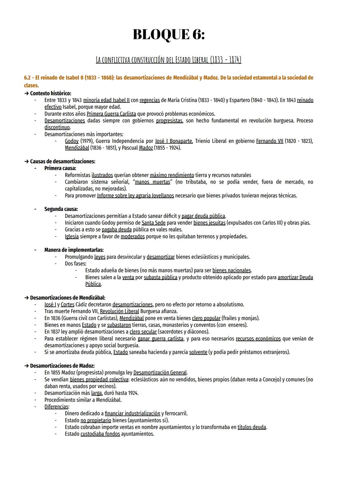 BLOQUE 6:
LA CONFLICTIVA CONSTRUCCIÓN DEL ESTADO LIBERAL (1833 - 1874)
6.2 - El reinado de Isabel II (1833-1868): las desamortizaciones de M