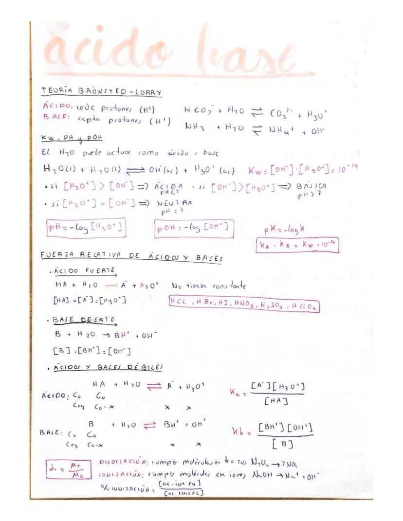 ácido base
TEORIA BRONSTED-LORRY
ÁCIDO: cede protones (H+)
BASE: capta protones (H+)
Kw, PH
POH
EL H₂0 puede actuar como
acido o base
H₂O(l)