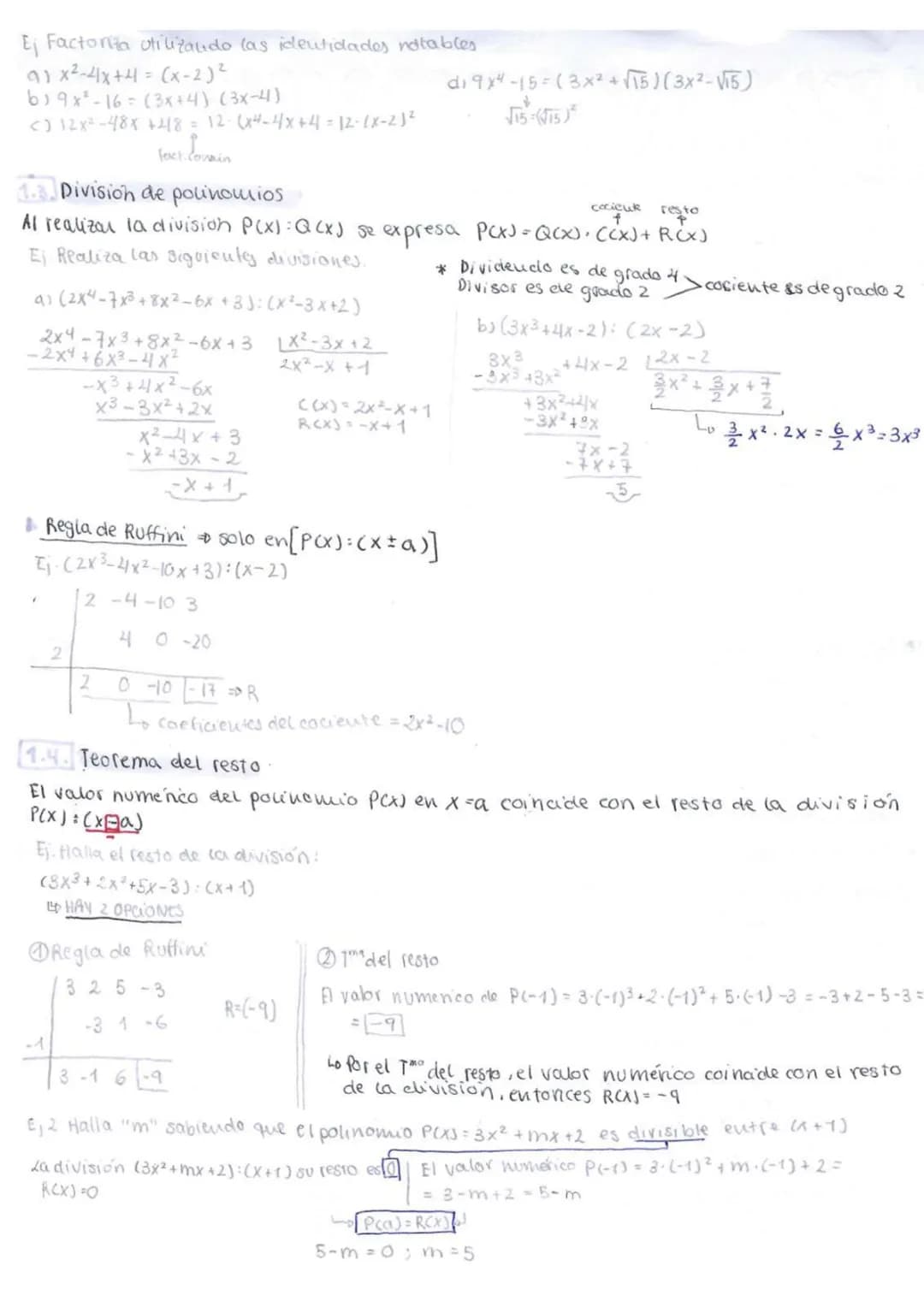 MATEMÁTICAS
1.POLINOMIOS Y FRACCIONES
ALGEBRAICAS
Polinomios
El valor numérico de un Polinomio P(x) en x=a se designa por P(a), el nº que re