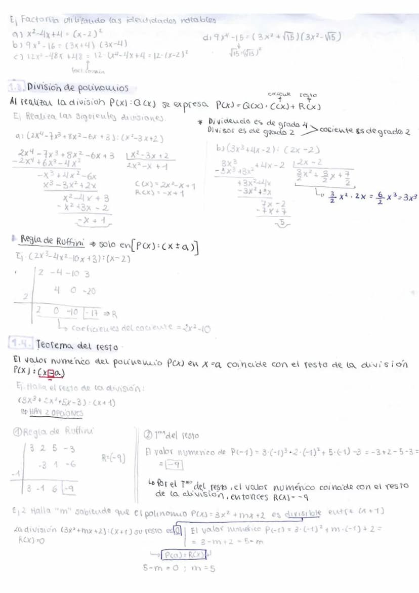 MATEMÁTICAS
1.POLINOMIOS Y FRACCIONES
ALGEBRAICAS
Polinomios
El valor numérico de un Polinomio P(x) en x=a se designa por P(a), el nº que re